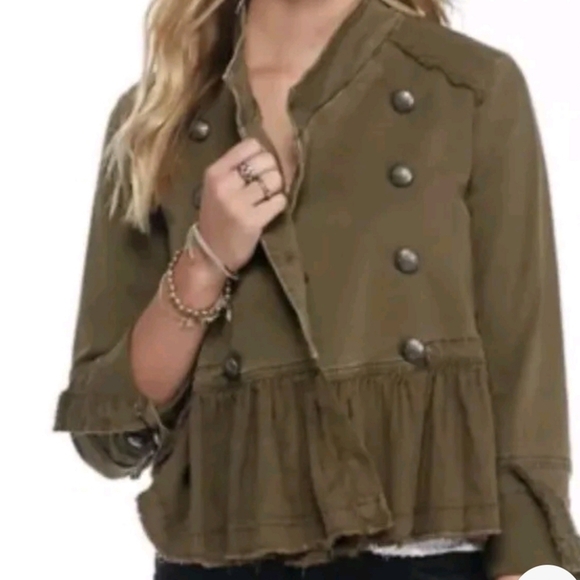 Free People XS Crop Jacket Military Geen Buttons Ruffle - Picture 1 of 13